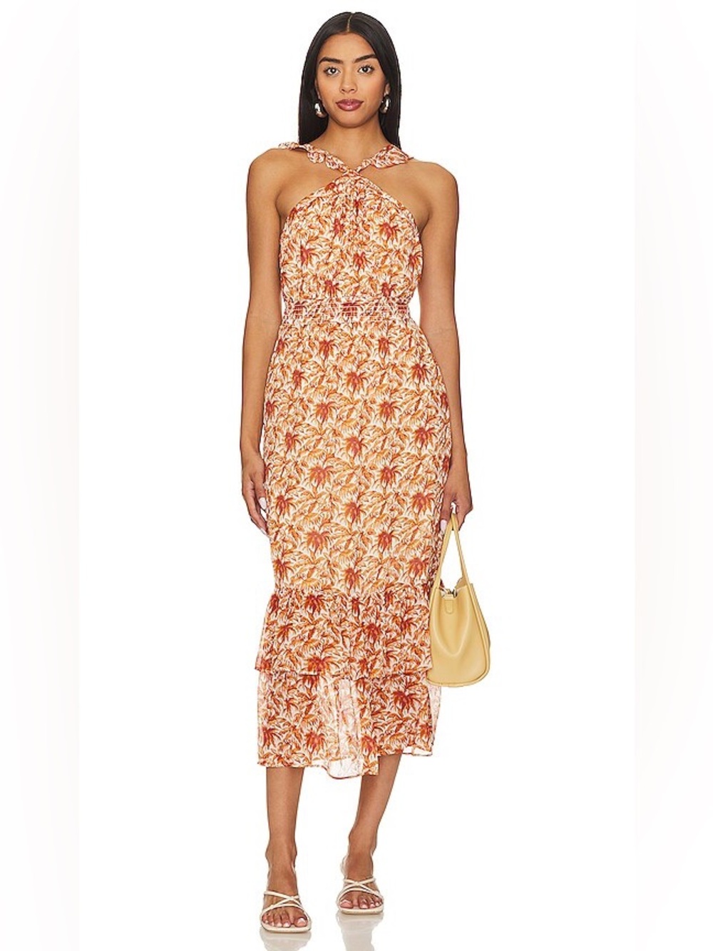 PAIGE Florencia 100% Silk Tropical Palm Print Halter Midi Dress XL Like New